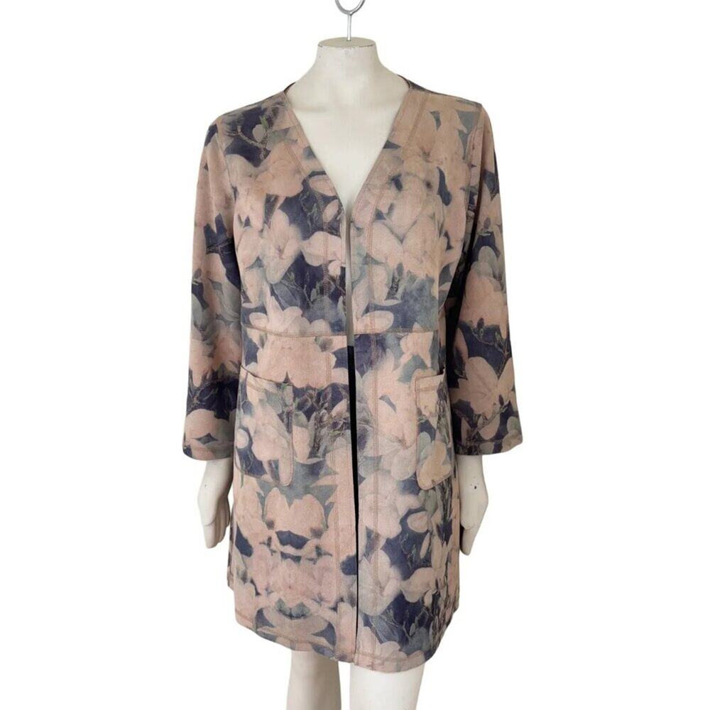 NEW SOLITAIRE Anthropologie Faux Suede Kimono Coat in Neutral Florals SZ L